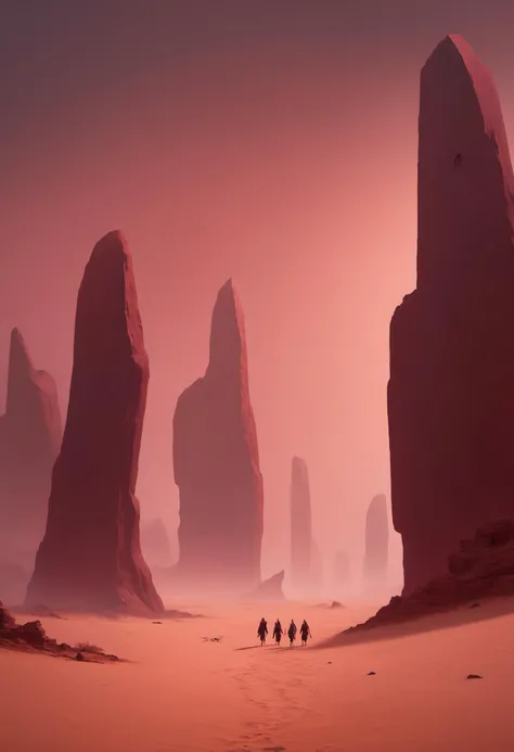 Ethereal dawn breaks over a barren landscape of crimson sands and scattered ivory monoliths, as two diminutive figures journey onwards in the fading twilight