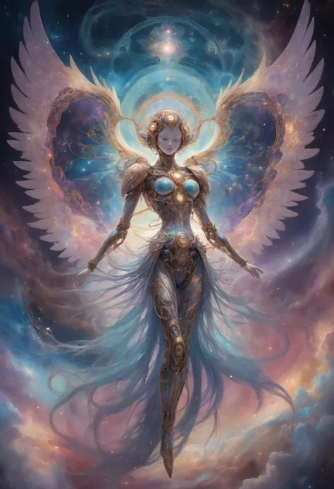 Celestial automaton with astral wings: A mechanical angel with eyes aglow in cosmic hues emerges from the heart of a swirling nebula, casting an otherworldly glow against the surreal backdrop of astral vistas and nebulous landscapes