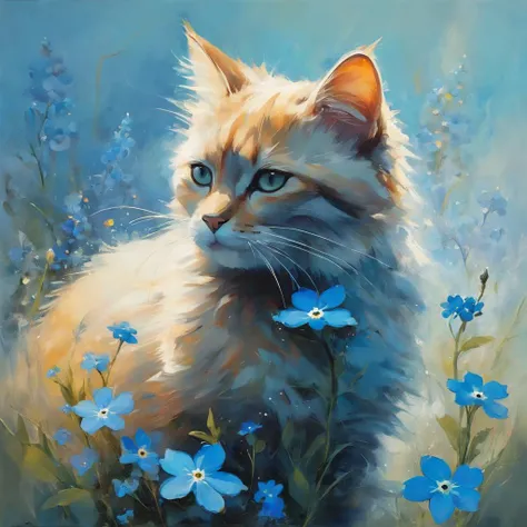 beautiful painting of a cat and a forget-me-not flower, in styles of Samantha Keely Smith and Ryan Hewett, creatures, digital, dream-like, ethereal, fantasy, magic-realism, mysterious, surreal, Expressionism, contemporary, Dream-like, Loneliness