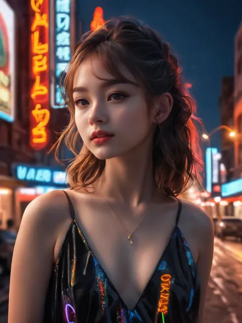 Best quality, masterpiece, ultra high res, (photorealistic:1.4), raw photo, 1girl, neon sign, black dress, <lora:ClearHand-V2:1>