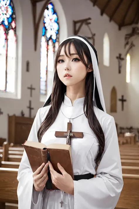 masterpiece, best quality, 1girl, <lora:kwFemale_Beta40-SDXL_v1:1>, asian, waifu, cleavage
nun,church,cross,bible