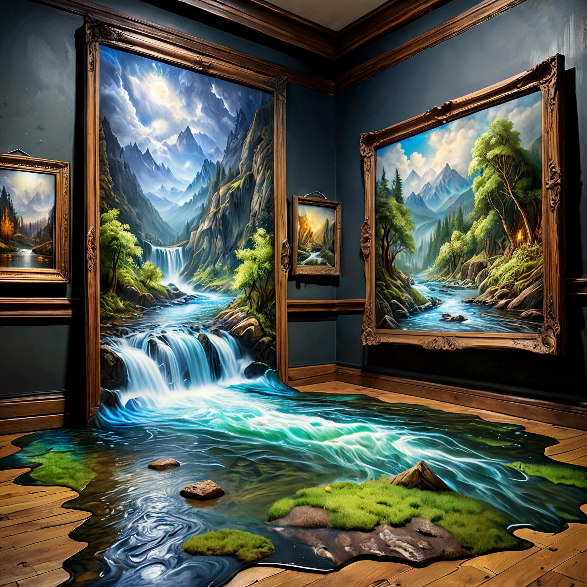 8K, UHD, HDR, intricate details, realistic, photo,
A painting of a river hangs on an art gallery wall. Water pours from the painting onto the floor.
Fantasy style, fantasy dreamlike art. Rustic.
Surreal harmony.
<lora:RMSDXL_Enhance:1>,
<lora:add-detail-xl:0.8>,
<lora:SurrealHarmony:1>