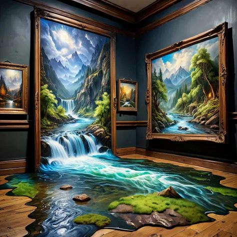 8K, UHD, HDR, intricate details, realistic, photo,

A painting of a river hangs on an art gallery wall. Water pours from the painting onto the floor.

Fantasy style, fantasy dreamlike art. Rustic. 

Surreal harmony.

<lora:RMSDXL_Enhance:1>,
<lora:add-detail-xl:0.8>,
<lora:SurrealHarmony:1>