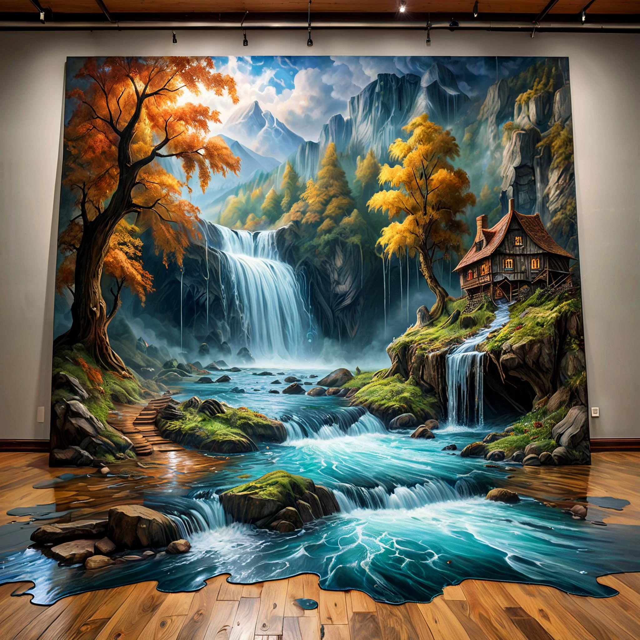 8K, UHD, HDR, intricate details, realistic, photo,
A painting of a river hangs on an art gallery wall. Water pours from the painting onto the floor.
Fantasy style, fantasy dreamlike art. Rustic.
Surreal harmony.
<lora:RMSDXL_Enhance:1>,
<lora:add-detail-xl:0.8>,
<lora:SurrealHarmony:1>
