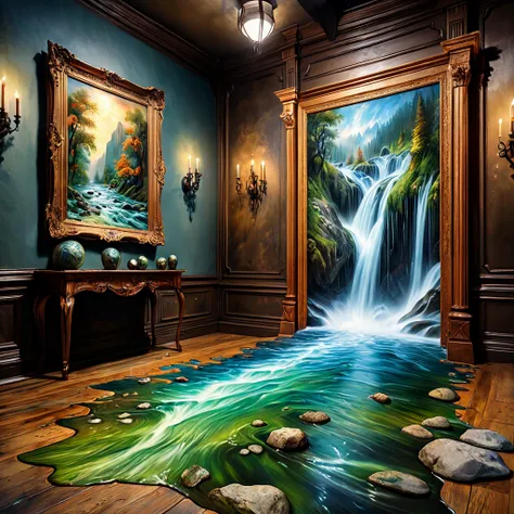 8K, UHD, HDR, intricate details, realistic, photo,
A painting of a river hangs on an art gallery wall. Water pours from the painting onto the floor.
Fantasy style, fantasy dreamlike art. Rustic.
Surreal harmony.
<lora:RMSDXL_Enhance:1>,
<lora:add-detail-xl:0.8>,
<lora:SurrealHarmony:1>