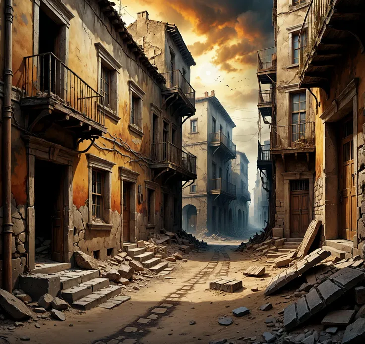 8K, UHD, HDR, cinematic, cinematic image, intricate details, realistic, photo,

Painting using oil paints.

Golden tones, Warm tones, warm hues.

Ancient stone buildings, apocalyptic, dilapidated, rundown, rubble, sand blown against walls and along roads. Deep sand filling alleyways. 

Atmospheric, antique, intricate, detailed. Rustic. Debris. Dusty.

(Watercolor dreaminess), soft watercolor, selective color,

Fantasy style. Fantasy dreamlike art. 

<lora:RMSDXL_Enhance:0.45>,
<lora:add-detail-xl:0.8>,
<lora:Surreal Harmony:0.2>
<lora:The_Dark_Side_of_the_Earth:0.2>
