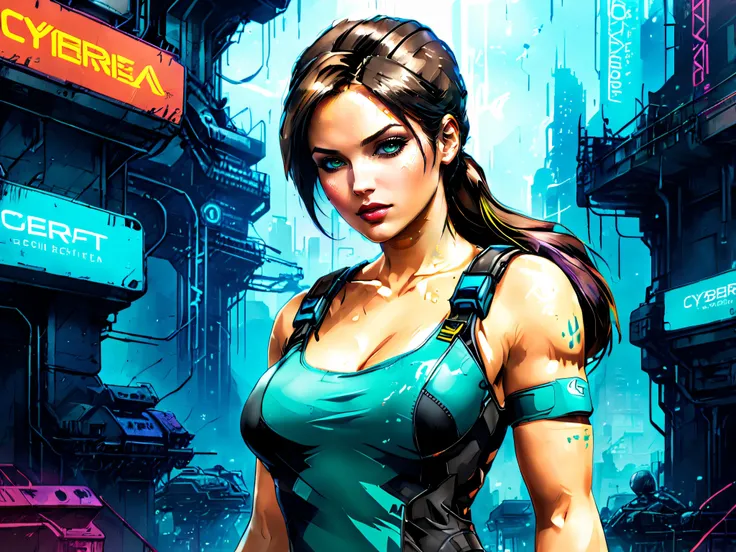 Lara Croft, cyberpunk style, digital artwork, detailed anime,cybernetic implants, cyberwear, dystopian city, volumetric lighting, intricate , high quality,  Colorsplash, <lora:Cyberpunk _Anime_sdxl:1>,   <lora:xl_more_art-full_v1:0.8>,  <lora:lara_croft_xl_v2:1>,   <lora:SDXLPaintSplash:0.6>,  <lora:SDXLNuclearBrushv2:0.4>