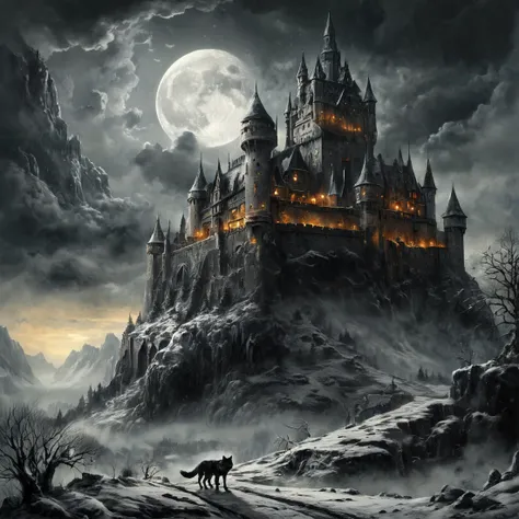 8K, UHD, HDR, intricate details, highly detailed. fantasy,
The moon, clinging to clouds filled with snow, in a grey sky, filled with dreams. A castle. A wolf.
fantasy style, fantasy dreamlike art. Dark fantasy. Rustic.
<lora:The_Dark_Side_of_the_Earth:0.4>
<lora:FDXLFantasyStyleV2:0.3>
