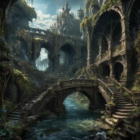 8K, UHD, HDR, intricate details, highly detailed. fantasy,
Bridges. Paths. Stairs. Water.
fantasy style, fantasy dreamlike art.
<lora:The_Dark_Side_of_the_Earth:0.2>
<lora:FDXLFantasyStyleV2:0.3>