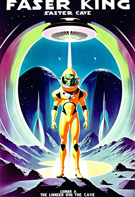 old pulp scifi poster, retro futuristic faster-than-light travel,alien king, in a Lunar Cave Systems<lora:EnvyPulpScifiXL:1.4:1.4:lbw=ALL>