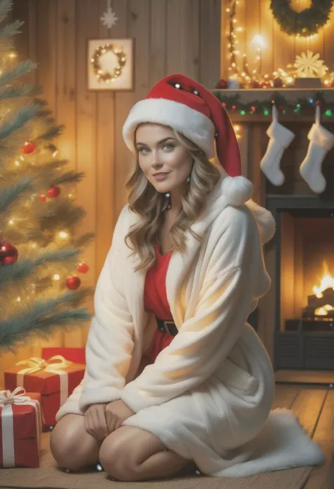 sexy portrait of a beautiful Icelandic woman kneeling next to christmas tree, wearing a bath robe and Santa cap, inside a wood framed cabin, on Christmas holiday, colored festive lights, wreath, garland, decorations, romantic, sensual, holding one glass of beer, gifts, presents, in the style of a vintage Christmas card. cats