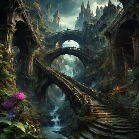 8K, UHD, HDR, intricate details, highly detailed. fantasy,
Splashes of paint.
Bridges. Paths. Stairs.
fantasy style, fantasy dreamlike art.
<lora:The_Dark_Side_of_the_Earth:0.2>
<lora:FDXLFantasyStyleV2:0.3>
