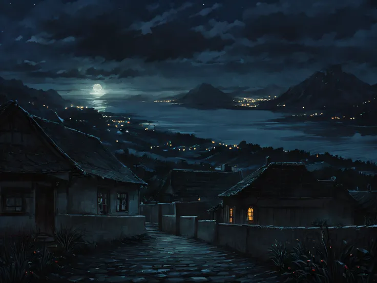 in the style of <lora:howlsghibli2-000010:1> , scenery, night, dark