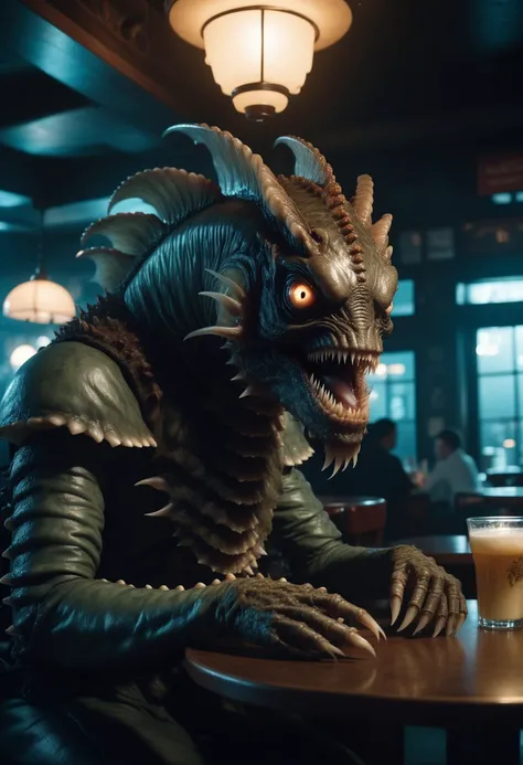 cinematic photo portrait of a terrifying humanoid monster with [fish|octopus] features in a dimly lit cafe, lovecraftian. 35mm photograph, film, professional, 4k, highly detailed
