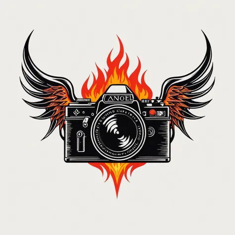 burning camera, surreal, 1980s, (logo), thorns, devil horns, angel wings,
heaven and hell, 80s hair metal,
simple background,