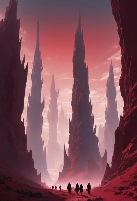 Silhouetted figures trek across an otherworldly expanse, ascending towards towering crystalline spires piercing the crimson horizon