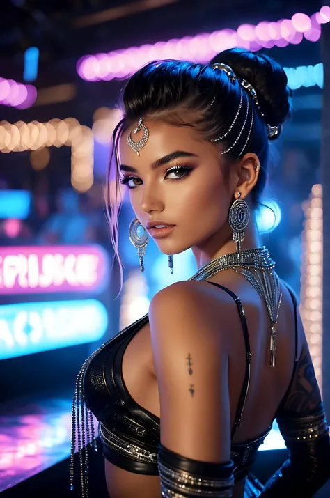 young woman, pretty and youthful face, perfect body, perfect teeth, dynamic pose, tanned skin, small breasts, very deep neckline, open clothes, sexy outfit, many peoples in the background, chignon hair style, vintage updo hairs, tightened jaw, squinted eyes and raised eyebrows, dancing in a flamenco pose, looking to the side, dutch angle, high-tech tattoos, metallic rings, beaded necklaces, otherworldly gaze, futuristic makeup, gypsy attire, tech shoes, multiple piercings, styled, glowing shawl, photorealistic, hyperrealistic art, extremely high-resolution details, photographic, realism pushed to extreme, fine texture, incredibly lifelike, model shot style, neon lighting, in cyberpunk nightclub with futuristic music, absurdres, masterpiece, 8k, high detail, intricate, best quality