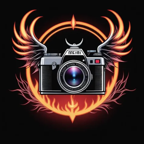 burning camera, surreal, 1980s, (logo), thorns, devil horns, angel wings, cell shader, simple design,
heaven and hell, 80s hair metal,
simple background,