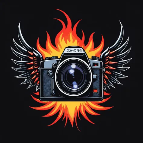 burning camera, surreal, 1980s, (logo), thorns, devil horns, angel wings, cell shader, simple design,
heaven and hell, 80s hair metal,
simple background,