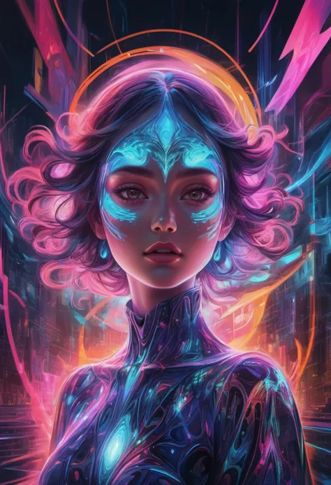 Neon dreamscape apparition: A luminous specter materializes amidst swirling vortexes of neon hues, her eyes pulsating with kaleidoscopic light amidst a backdrop of distorted reflections and refracted geometries