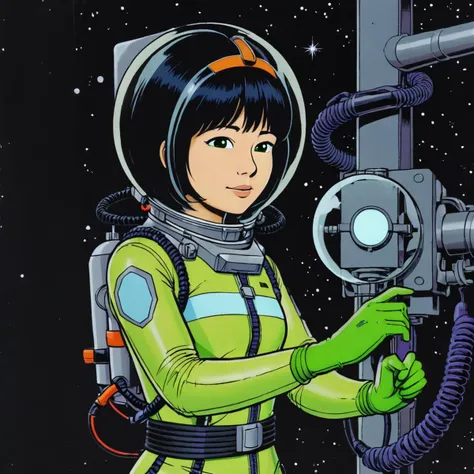 masterpiece, best quality, ultra_detailed, highres, absurdres, yoko tsuno <lora:yoko_tsuno-xl-v2-000014:0.5>, 1girl, short black hair, hairband, green space suit, green gloves, lama scuba helmet, solo, (light smile:0.36), (close up, portrait:1.25), looking at viewer, simple background, black background, graphic novels illustration, 1990s \(style\), traditional media, retro artstyle, futuristic, science fiction, (intricate details, extremely detailed:1.15), (ultrahigh resolution textures), (volumetric, cinematic) lighting, <lora:lama_scuba_helmet-xl-v2-000012:0.45>