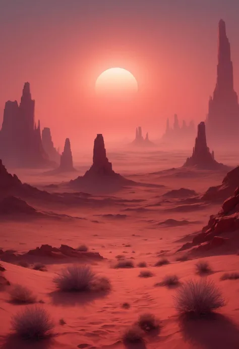 Ephemeral mirage: Crimson dusk melds with a desert dreamscape scattered with enigmatic geometric mirages receding into the horizon like specters of forgotten memories
