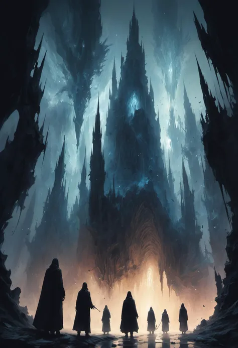 Silhouetted apparitions drift across an uncanny expanse, ascending towards crystalline spires that pierce the sky like shards of fragmented reality