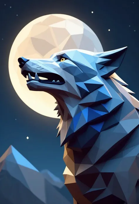 low-poly style artwork of a detailed wolf head howling at the Moon. low-poly game art, polygon mesh, jagged, blocky, wireframe edges, centered composition