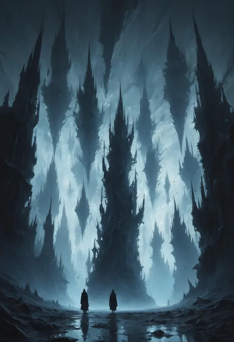 Silhouetted apparitions drift across an uncanny expanse, ascending towards crystalline spires that pierce the sky like shards of fragmented reality
