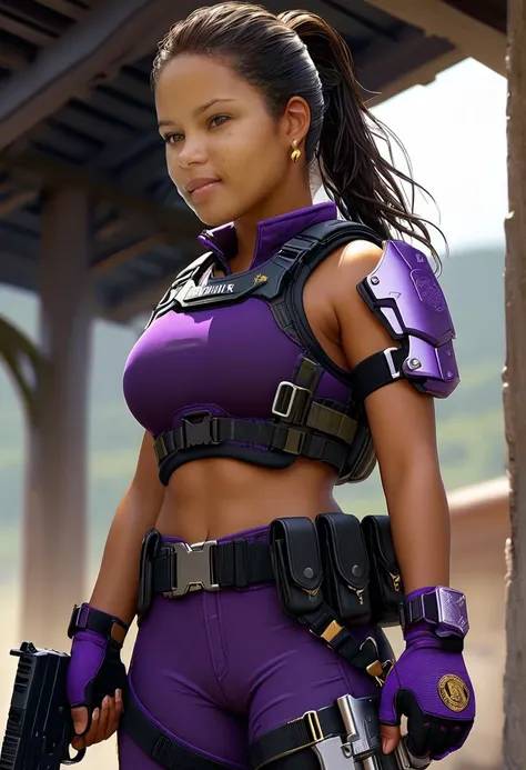 1girl, full body image, photorealistic, fit body, sexy ass, PR, Latina, BREAK sexy action pose, female military soldier, revealing tactical clothes, thong peek, boots, fingerless gloves, knee pads, elbow pads, small gold earrings, gold necklace, gold bracelet, jewelry, purple trim, tactical harness, holsters, holding handgun, <lora:PR_SDXL (V1)_epoch_6:0.8> light brown skin, black hair, ponytail, medium breasts, detailed lighting, depth of field, amazing depth, detailed clothing texture, battleground landscape, military base background, detailxl <lora:detailed_notrigger:1> <lora:MJ52_v2.0:1>