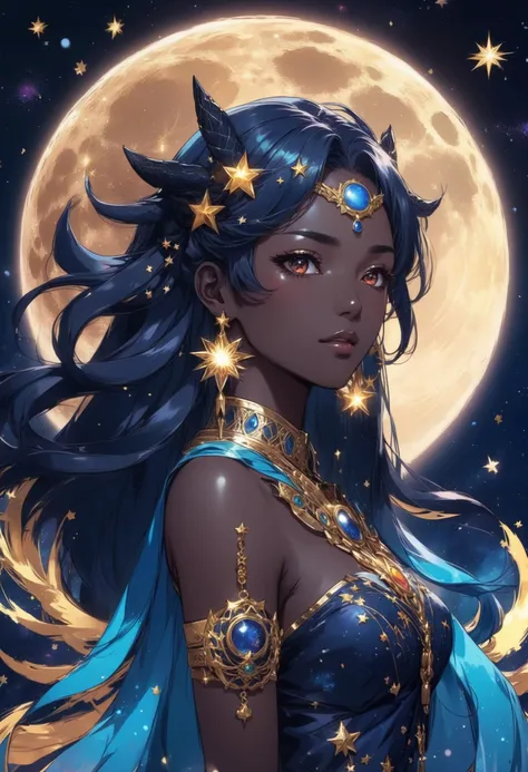 anime artwork portrait of a Moon Goddess with ((deep [black|blue] skin)) stud with stars. anime style, key visual, vibrant, studio anime, highly detailed