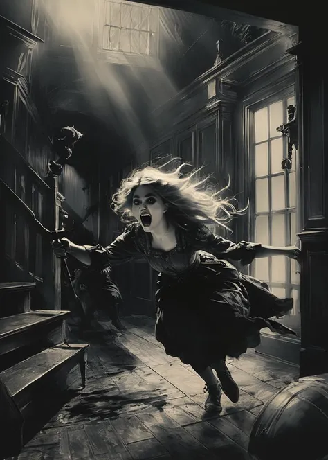 (artistic studio photograph, double exposure black and white portrait of a woman screaming in madness at herself, ying and yang composition with black background on the left and white background on the right, woman facing right on the left superimposed to woman facing left on the right), (A chilling scene features a gothic girl brandishing an axe in a motel corridor, bathed in menacing, eerie lighting, evoking a sense of horror and darkness. The image boasts highly detailed facial features, lending a gritty, unsettling atmosphere to the scene. The high-quality, realistic rendering ensures that the image captures the essence of the dark, horror-filled moment. The girl's intricately detailed eyes, combined with blood splatters scattered throughout the scene, add to the vintage and atmospheric lighting, creating a haunting and disturbing experience that remains deeply etched in the viewer's mind.), (Hyperrealistic image showing a girl. The girl has pale skin but a slight blush on her cheeks, blue eyes, long, tousled blonde hair. The side lighting on her face enhances the mood and creates a beautiful mix of shadows and highlights. (First person view). The overall style evokes a luminous blend of John Anster Fitzgerald's dreamy fantasy elements, Alphonse Mucha's intricate nature-inspired details, and Rembrandt's mastery of light and shadow, creating a hauntingly beautiful cinematic moment.), (<lora:STYLE - style of Harry Furniss (tbh273-sdxl):0.85> style of Harry Furniss
)