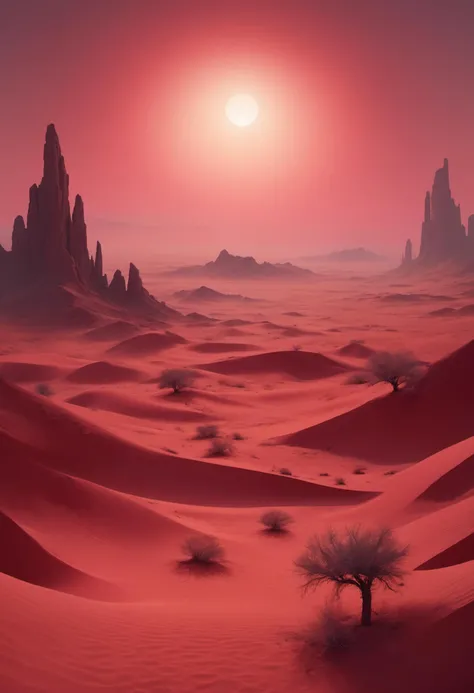 Ephemeral mirage: Crimson dusk melds with a desert dreamscape scattered with enigmatic geometric mirages receding into the horizon like specters of forgotten memories