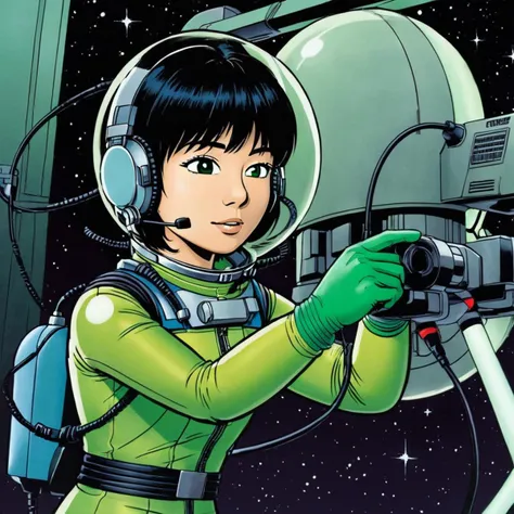 masterpiece, best quality, ultra_detailed, highres, absurdres, yoko tsuno <lora:yoko_tsuno-xl-v2-000014:0.5>, 1girl, short black hair, small headphones, green space suit, green gloves, lama scuba helmet, solo, (light smile:0.36), (close up, portrait:1.25), looking at viewer, simple background, black background, graphic novels illustration, 1990s \(style\), traditional media, retro artstyle, futuristic, science fiction, (intricate details, extremely detailed:1.15), (ultrahigh resolution textures), (volumetric, cinematic) lighting, <lora:lama_scuba_helmet-xl-v2-000012:0.5>