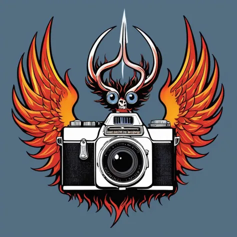 burning camera, surreal, 1980s, (logo), thorns, devil horns, angel wings,
heaven and hell, 80s hair metal,
simple background,