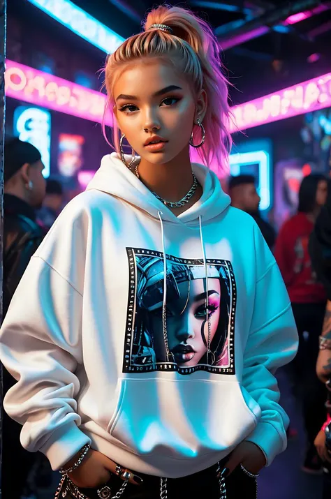 young woman, pretty and youthful face, perfect body, perfect teeth, dynamic pose, tanned skin, small breasts, very deep neckline, open clothes, sexy outfit, many peoples in the background, ponytail hair style, strawberry blonde hairs, tightened jaw, squinted eyes and raised eyebrows, dancing with an imaginary puppy, look up to, from behind, urban tattoos, chunky rings, chain necklaces, sharp gaze, edgy makeup, oversized hoodies, joggers, graphic tees, multiple piercings, sneakers, braided, photorealistic, hyperrealistic art, extremely high-resolution details, photographic, realism pushed to extreme, fine texture, incredibly lifelike, model shot style, neon lighting, in cyberpunk nightclub with neon lights, absurdres, masterpiece, 8k, high detail, intricate, best quality