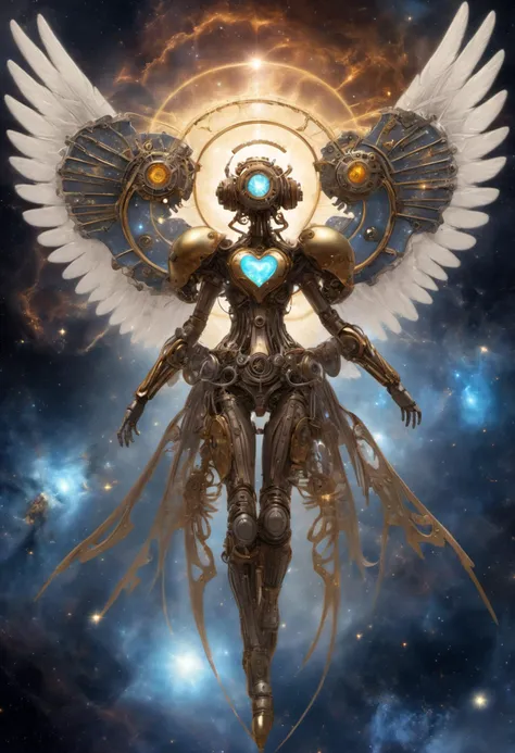 Steampunk android angel with cosmic wings: A mechanical angel with glowing eyes and intricate gearwork wings emerges from the heart of a dying star, casting an ethereal glow against the cosmic backdrop of supernovae and nebulae