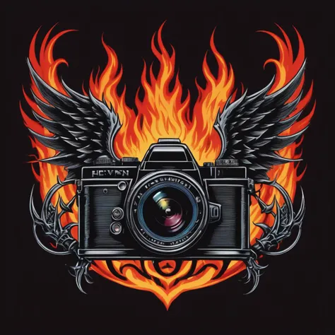 burning camera, surreal, 1980s, (logo), thorns, devil horns, angel wings,
heaven and hell, 80s hair metal,
simple background,