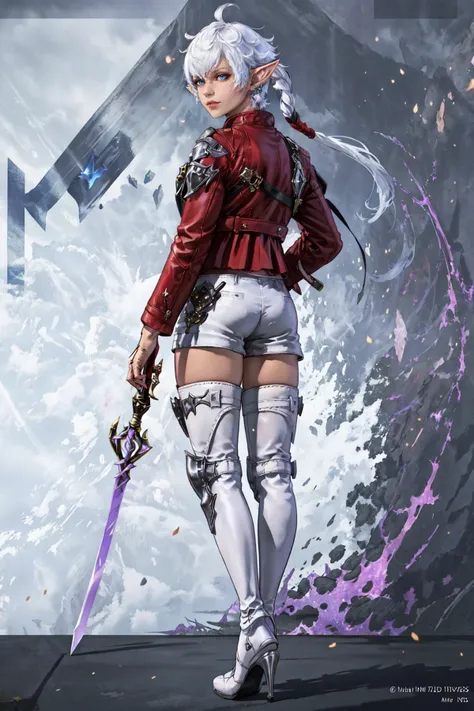 Alisaie Leveilleur, official art, best illustration, extremely detailed, ultra sharp, 1girl, solo, long hair, shirt, thighhighs, holding, jewelry, standing, jacket, full body, weapon, white hair, boots, outdoors, shorts, day, pointy ears, sword, dark skin, from behind, holding weapon, high heels, thigh boots, holding sword, white footwear, elf, red jacket, white shorts, photo background, rapier, elezen, ProfessionalDetail, <lora:Alisae_FFXIV-06:0.8>