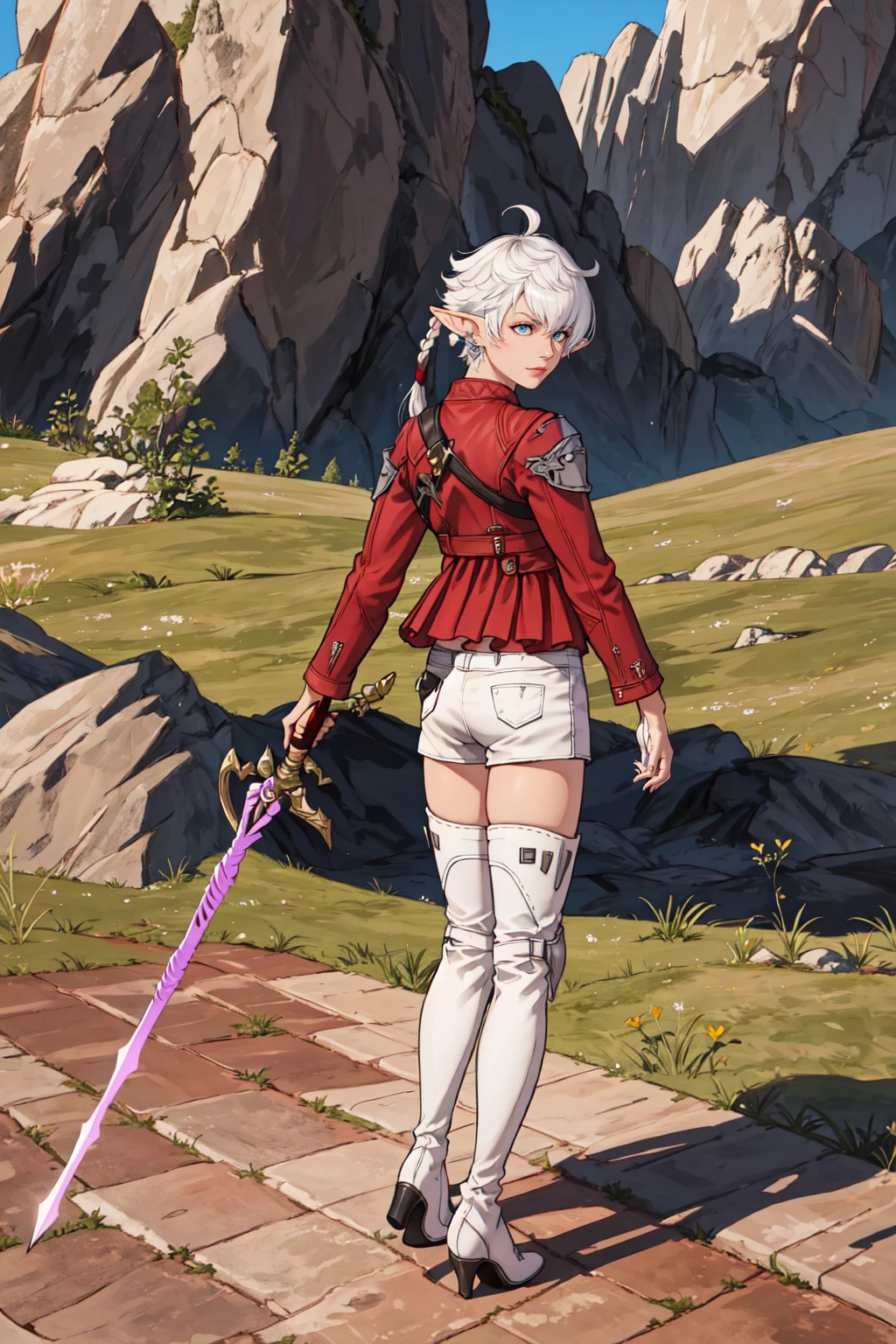 Alisaie Leveilleur, official art, best illustration, extremely detailed, ultra sharp, 1girl, solo, solo focus, long hair, shirt, thighhighs, holding, jewelry, standing, jacket, full body, weapon, white hair, boots, outdoors, shorts, day, pointy ears, sword, dark skin, from behind, holding weapon, high heels, thigh boots, holding sword, white footwear, elf, red jacket, white shorts, photo background, rapier, elezen, ProfessionalDetail, <lora:Alisae_FFXIV-05:0.8>