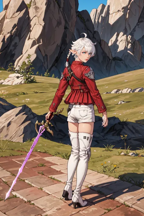 Alisaie Leveilleur, official art, best illustration, extremely detailed, ultra sharp, 1girl, solo, solo focus, long hair, shirt, thighhighs, holding, jewelry, standing, jacket, full body, weapon, white hair, boots, outdoors, shorts, day, pointy ears, sword, dark skin, from behind, holding weapon, high heels, thigh boots, holding sword, white footwear, elf, red jacket, white shorts, photo background, rapier, elezen, ProfessionalDetail, <lora:Alisae_FFXIV-05:0.8>