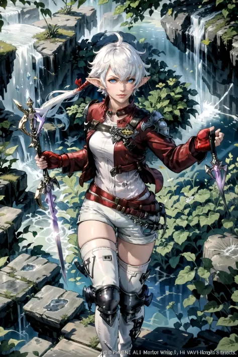 Alisaie Leveilleur, masterpiece, official art, 1girl, solo, long hair, looking at viewer, blue eyes, thighhighs, gloves, ribbon, holding, jacket, hair ribbon, ponytail, weapon, white hair, boots, outdoors, shorts, pointy ears, belt, sword, fingerless gloves, water, holding weapon, white thighhighs, thigh boots, knee armor, white footwear, elezen, red jacket, red gloves, floating, crystal, white shorts, waterfall, elezen, floating weapon <lora:Alisae_FFXIV-06:0.8>
