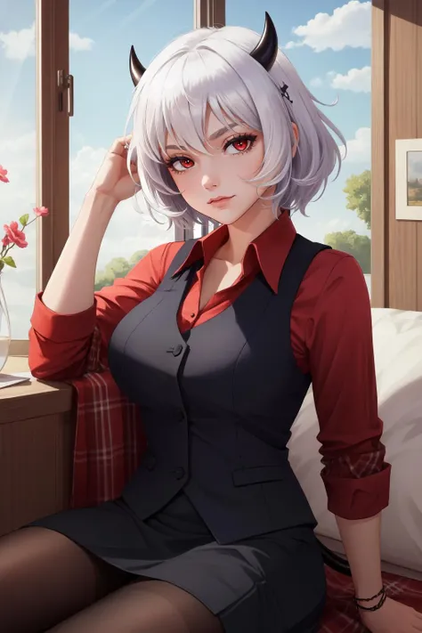 (masterpiece, best quality), intricate details,
1girl, <lora:malina-10:0.8> malina, demon girl, horns, short hair, demon horns, black horns, shirt, demon tail, tail, red shirt, large breasts, vest, black vest, black tail, waistcoat, pantyhose, skirt, wavy mouth