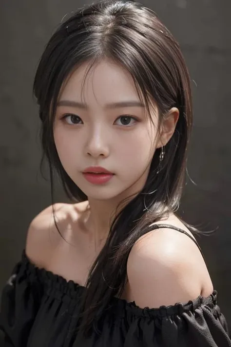 Best quality, masterpiece, ultra high res, (photorealistic:1.4), raw photo,1girl, solo, realistic, lips, looking at viewer, hair over one eye, parted lips, close-up,simple background, black dress, off shoulder,
<lora:Gominsi:1>