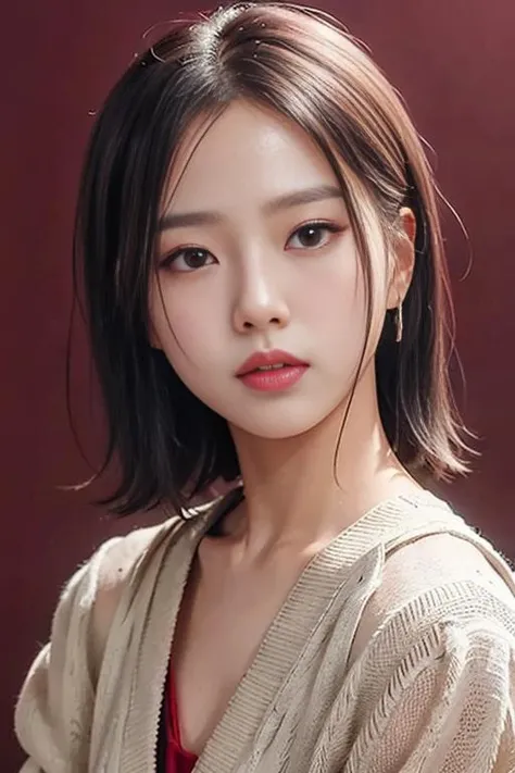 incredibly absurd, beautiful and cute 20-year-old Korean girl with a photorealistic face, showcasing top-quality craftsmanship. Her slender frame adorned with short, messy hair. The artwork high-resolution, allowing for ultra-detailed features to be captured flawlessly. The girl depicted naked. The focus lies on the realistic pupils, showcasing depth and emotion. ((breasts out))
