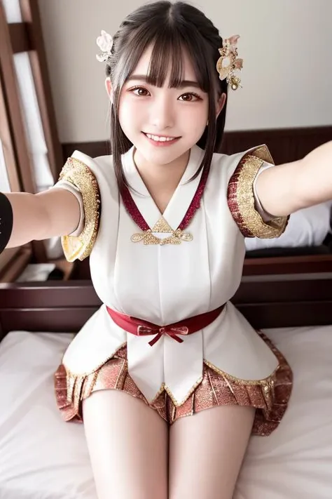 Highest quality, Perfect Skin, Cinema Lighting, Beautiful attention to detail, 20th Generation, View your viewers, teeth,smile,open arms(extended_arms) Half-closed eyes, Sitting on the bed,Japanese idol costumes subjective