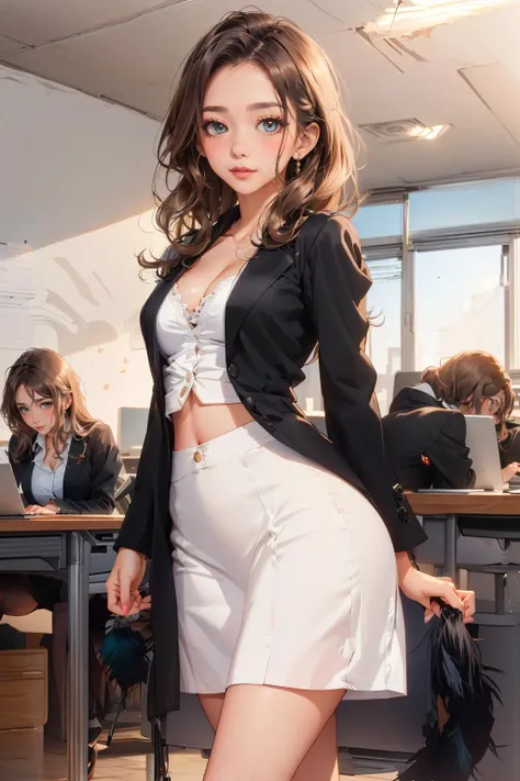 masterpiece, 1girl, Wide hips, naughty smile, Skindentation, blush, (black blazer dress, white blouse, black pumps, standing, office, desk, laptop, phone, focused expression:1.2), cleavage, midriff, arms behind back <lora:MilaAzul_2.0:0.9>, peacock, <lora:peacock-noise:0.5>