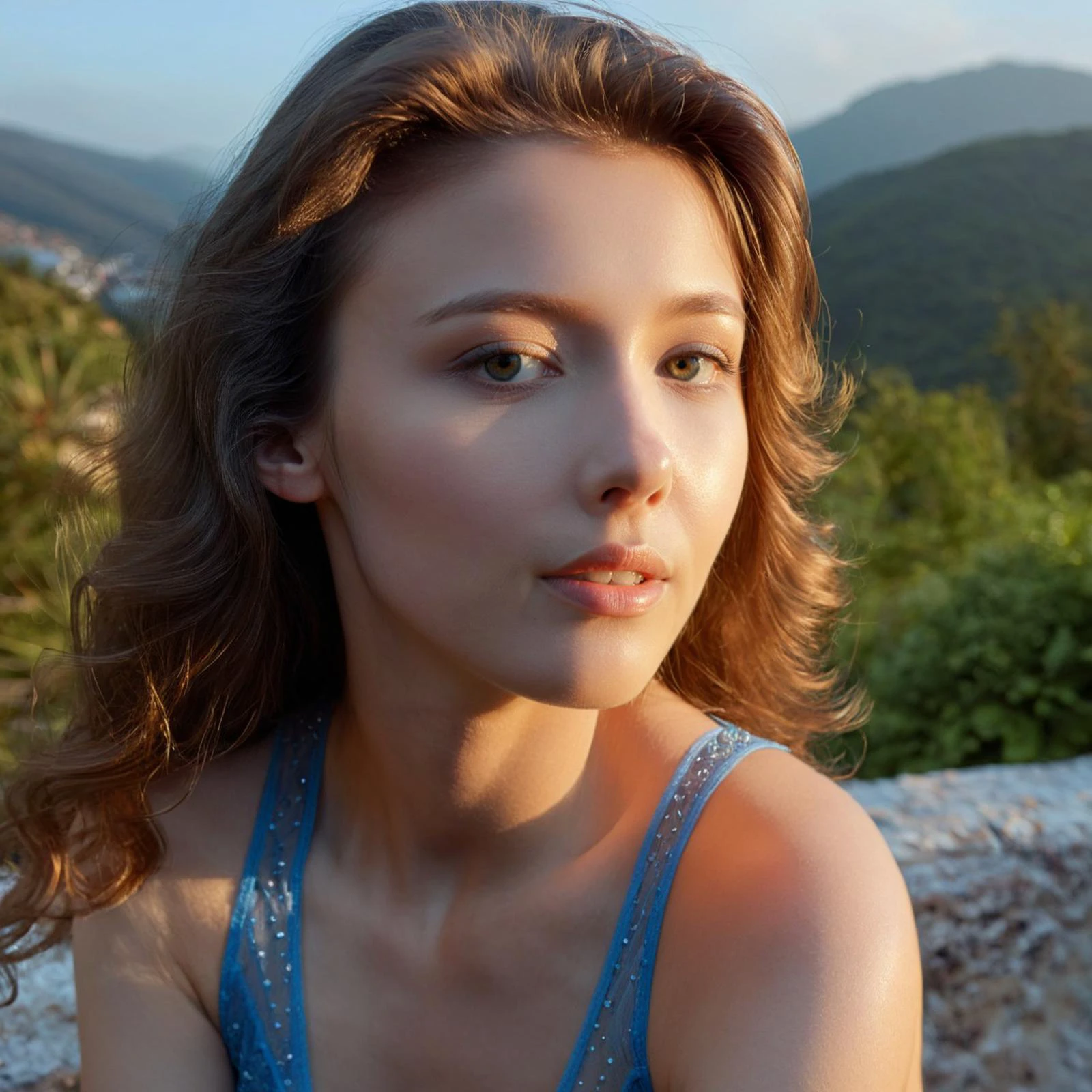 Museum-quality gigapixel cgtrader photorealistic, photo scanned, 8K CPU/GPU path traced, raytraced global illumination, physically-based rendering, subsurface scattering, HDR lighting, 32-bit color depth, anti-aliased, super-sampled, denoised, unbiased renderer.
<lora:MilaAzul_SDXL_v1.0:1>
every skin pore rendered in exquisite and precise detail, photo of a ohwx 18yo woman,
a vision of ethereal beauty, bathed in the soft, diffused light of a sunrise over a misty mountain landscape vista. Portrait 3/4 body focus highlights her flawless skin with a touch of dewy sheen and strategically placed blue sleeveless blouse by Forever 21, delicate gold jewelry adorning her collarbone. Her gaze is cast away with a hint of wistfulness, lips slightly parted. Hyperrealistic detail captures the locks of hair illuminated by the sunrise, the intricate details of the jewelry, skin complexion and skin texture and the subtle emotions playing on her face.