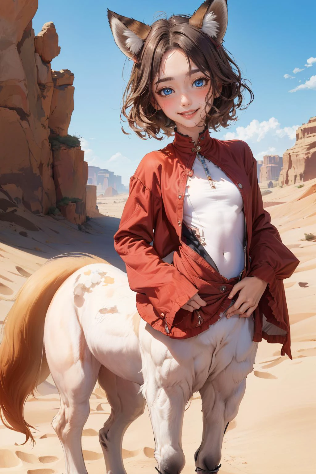masterpiece, 1girl, 22 years old, aged up, mature female, wide hips, naughty smile, Skindentation, blush,
centaur, taur, fox, fox taur, fox ears Mahogany, mohawk, short hair, blue eyes, [muscular], smile, pose, small breasts , standing , desert background, sleepwear
<lora:MilaAzul_2.0:0.9>  <lora:centaur:1>