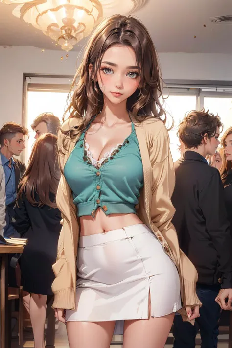 masterpiece, 1girl, Wide hips, naughty smile, Skindentation, blush, (A-line skirt, blouse, cardigan, standing, interview, answering questions, people in background, taking notes, serious expression:1.2), cleavage, midriff, arms behind back <lora:MilaAzul_2.0:0.9>, peacock, <lora:peacock-noise:0.5>